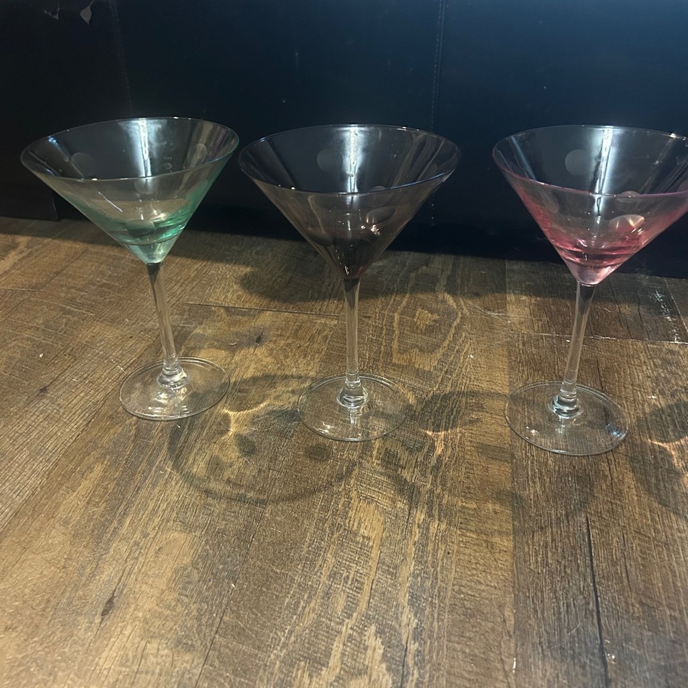 Marquis By Waterford Polka Dot Martini Glass Set of 3 Pink Purple Teal Etched